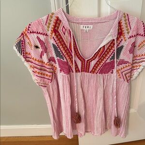 THML Pink and Red Flutter Sleeve Blouse